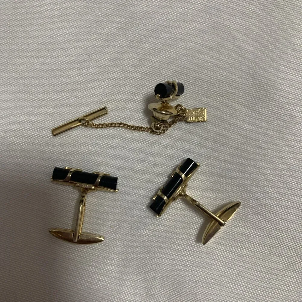 Men’s Set Of Black Bars Thin Design Quality Vintage EMMONS Cuff Links And Pin.